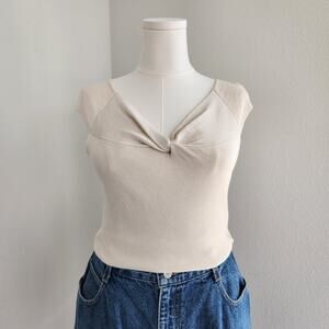 90s Rafaella Cream Silk Blend Knit Cap Sleeve Twist Front Minimalist Top M